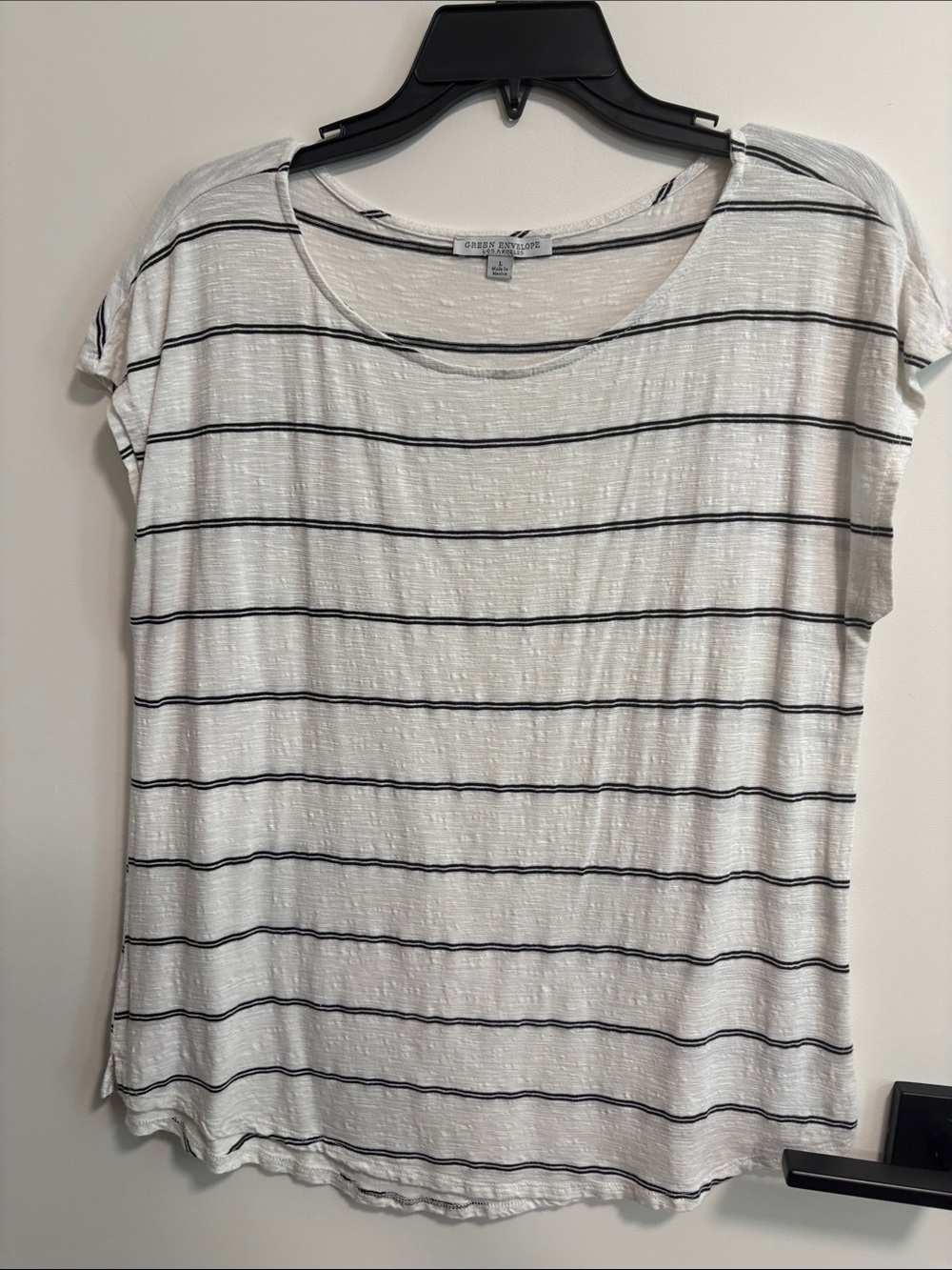 Green Envelope White Tee with Black Stripes
